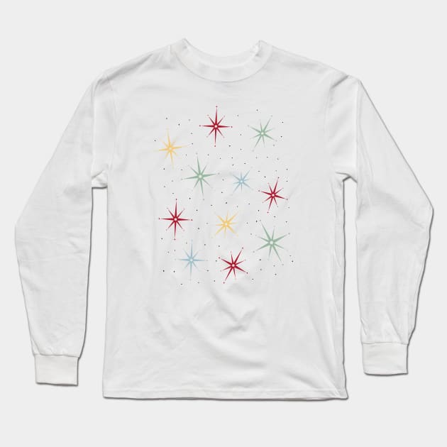 Atomic Starburst Mid Century Red Yellow Green Blue Long Sleeve T-Shirt by OrchardBerry